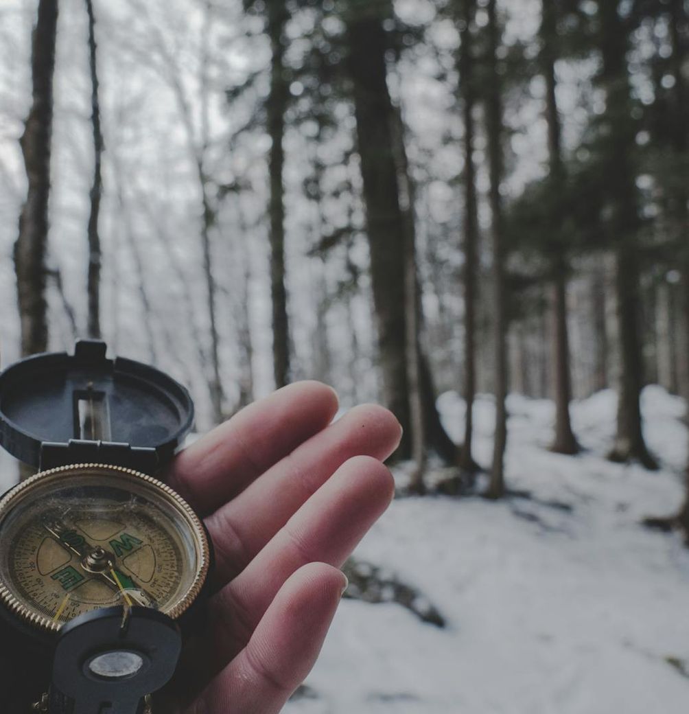 Hand holding a compass